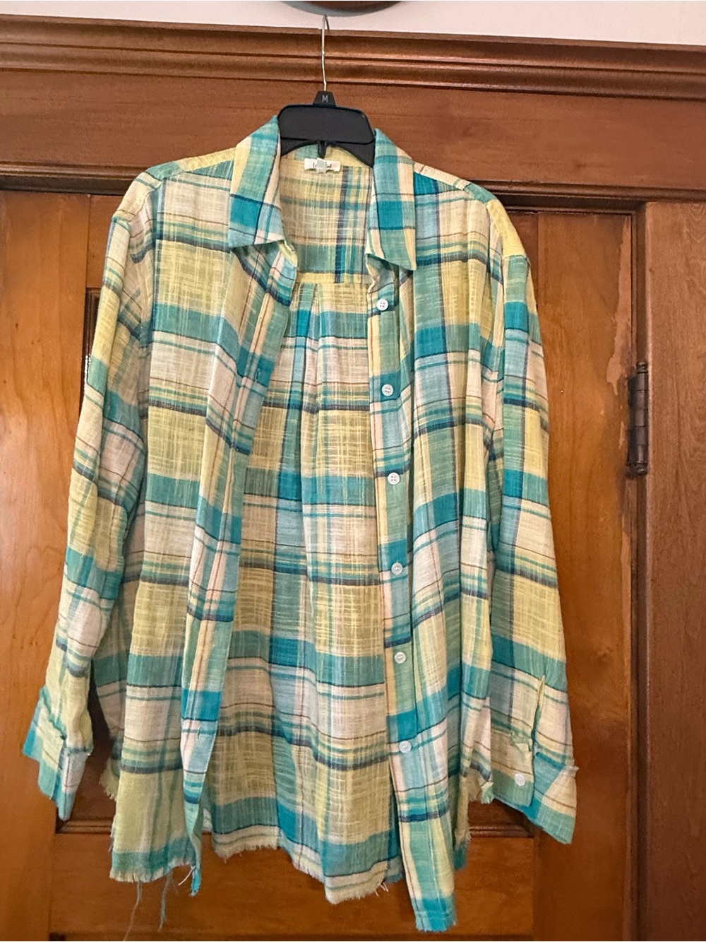 LA MIEL Yellow Plaid Top with Teal Accents